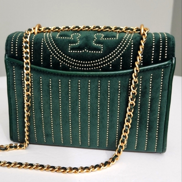 TORY BURCH FLEMING VELVET STUDDED CROSSBODY BAG PINE TREE GREEN - Picture 4 of 7